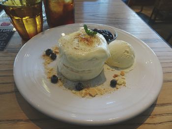 High angle view of dessert in plate on table