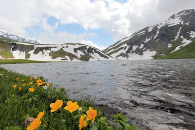 Scenic view of lake against cloudy sky