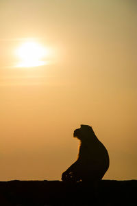 Silhouette of sitting against orange sunset sky