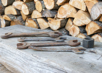 Antique wrenches on a wooden background, rusty tools, metal waste, scrap metal, wrench collection