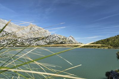 Scenic view of lake against blue sky