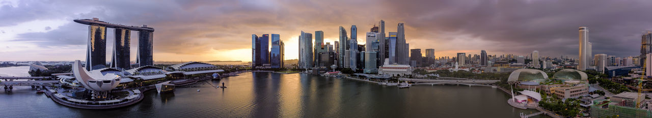 Panoramic view of the bay lake water body and buildings against sky during sunset