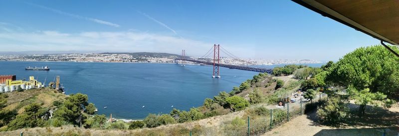 Panoramic view of suspension bridge over sea