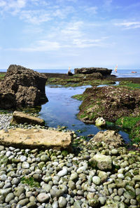 Rocks on beach against sky