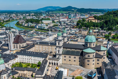 High angle view of townscape against sky in city