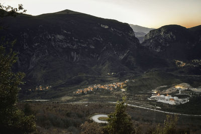 High angle view of mountains against sky