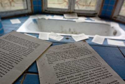 High angle view of open book on table