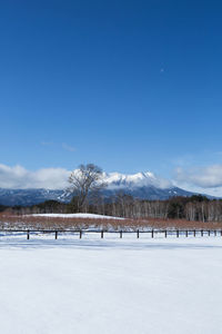 Scenic view of snowcapped mountains against blue sky