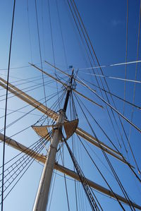 Low angle view of crane against clear blue sky