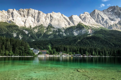 Scenic view of lake and mountains against sky