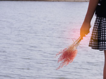 Woman holding leaf in sea