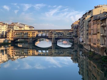 Arch bridge over river against buildings in city