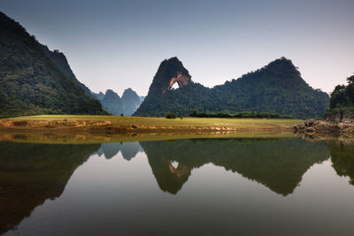 Reflection of mountains in lake against sky