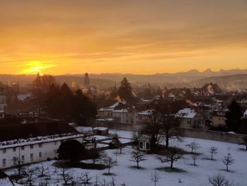 View of townscape against sky during winter