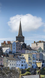 High angle view of buildings in city against sky