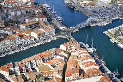 High angle view of buildings in city