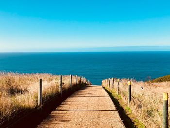 Scenic view of sea against clear blue sky