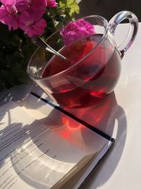 High angle view of wine glass on table