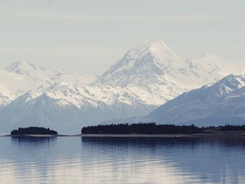 Scenic view of lake and snowcapped mountains against sky
