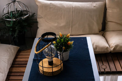 High angle view of potted plants on table at home