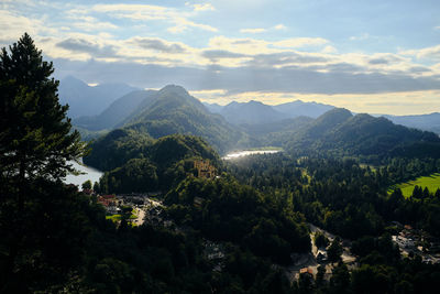 High angle view of trees and mountains against sky