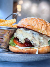 Close-up of burger in plate on table