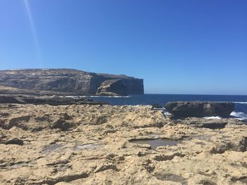 Scenic view of sea against clear blue sky