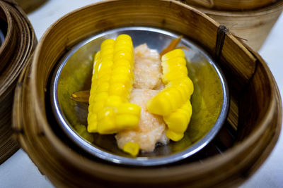 High angle view of food in bowl on table