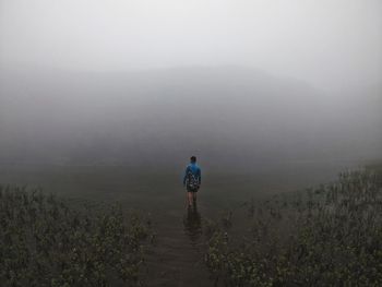 Rear view of man walking in water against foggy landscape