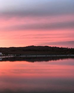 Scenic view of lake against sky at sunset