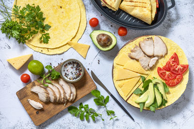 High angle view of meal served on table