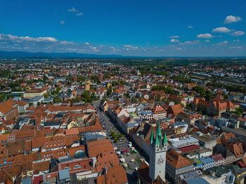 High angle shot of townscape against sky