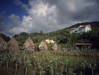 Panoramic view of houses on field against sky