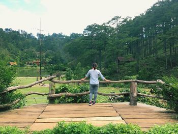 Rear view of man standing on footbridge against trees