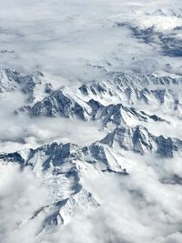 Aerial view of snowcapped mountains against sky