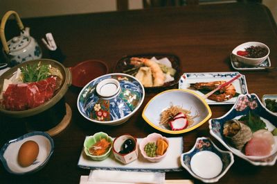 High angle view of food served on table