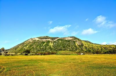 Scenic view of landscape against blue sky