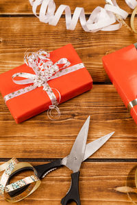 High angle view of christmas decorations on table