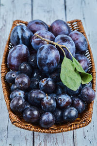 High angle view of fruits in basket on table