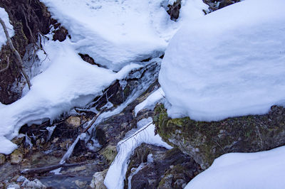 Snow covered rocks against mountain