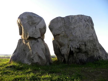 Low angle view of rock formation on field against sky