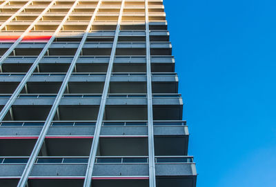 Low angle view of modern building against clear blue sky