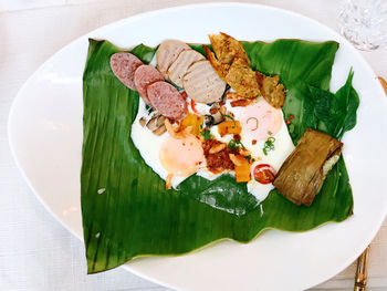 High angle view of breakfast served in plate