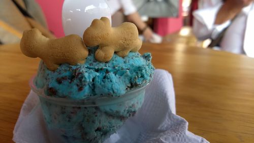 Close-up of ice cream on table