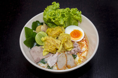 High angle view of meal served on table