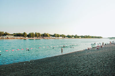 Group of people on beach against clear sky