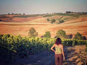 Rear view of woman standing on field against sky