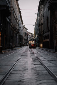 Surface level of railroad tracks amidst buildings in city