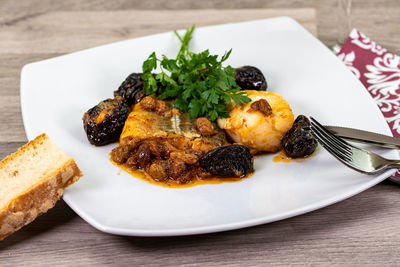 High angle view of food in plate on table