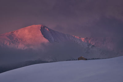 Snow covered mountain against sky during sunset